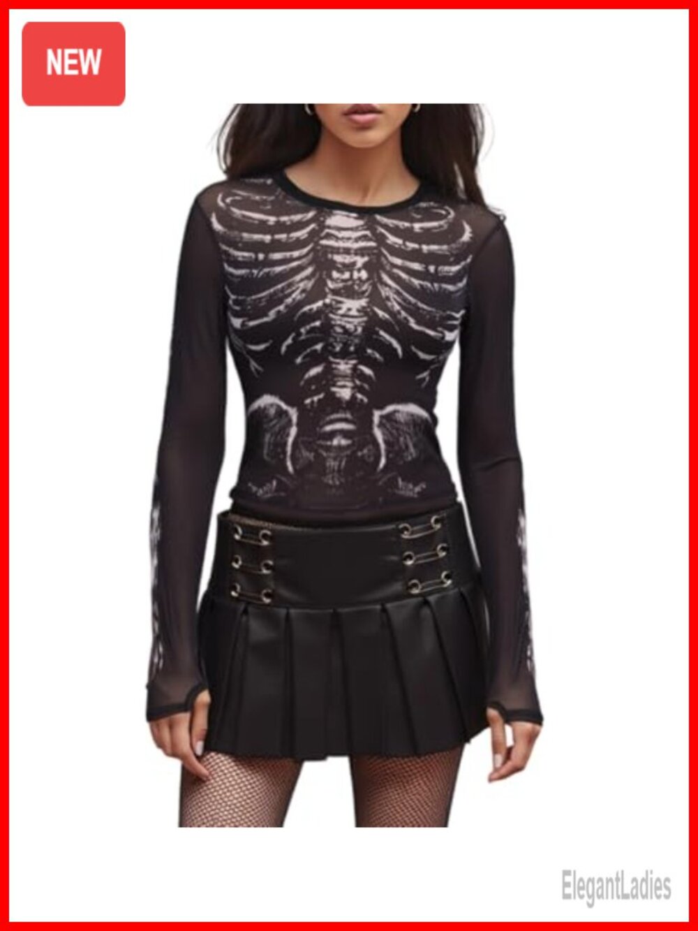 Women Skeleton Print Mesh Crop Top Sheer Long Sleeve Gothic Tee